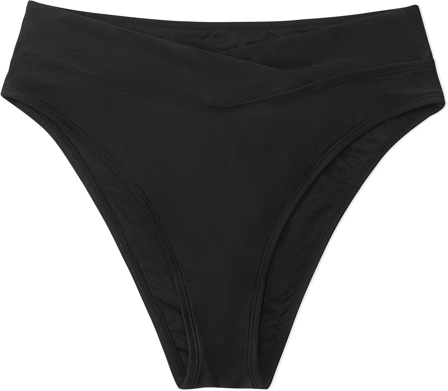 imageCUPSHE Womens Bikini Swimsuit Black High Waisted High Cut Cheeky V Cut Bikini BottomBlack