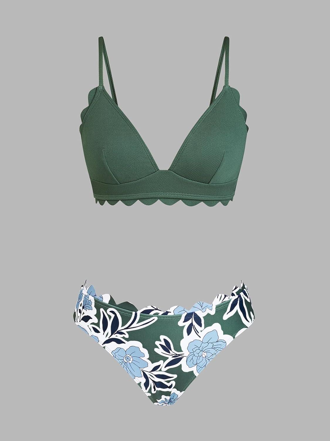 imageCUPSHE Womens Bikini Swimsuit Scalloped V Neck Lace Up Low Waisted Bathing SuitGreenBlue Floral