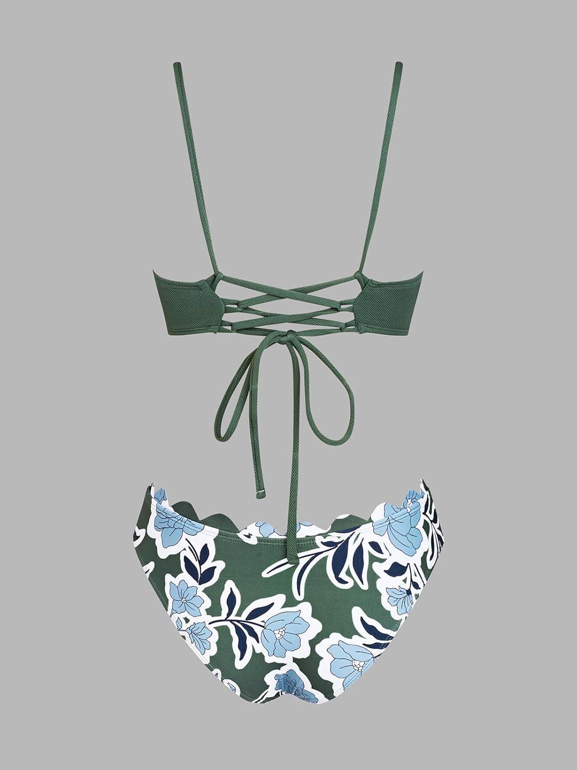 imageCUPSHE Womens Bikini Swimsuit Scalloped V Neck Lace Up Low Waisted Bathing SuitGreenBlue Floral