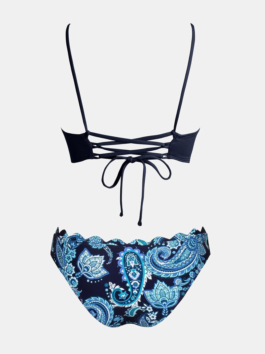 imageCUPSHE Womens Bikini Swimsuit Scalloped V Neck Lace Up Low Waisted Bathing SuitNavy BluePaisley