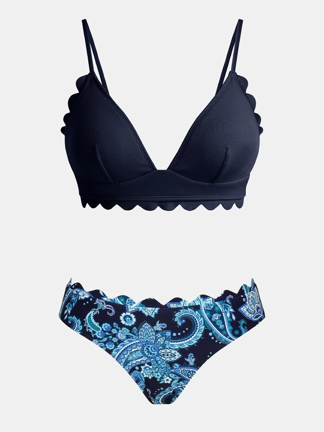 imageCUPSHE Womens Bikini Swimsuit Scalloped V Neck Lace Up Low Waisted Bathing SuitNavy BluePaisley