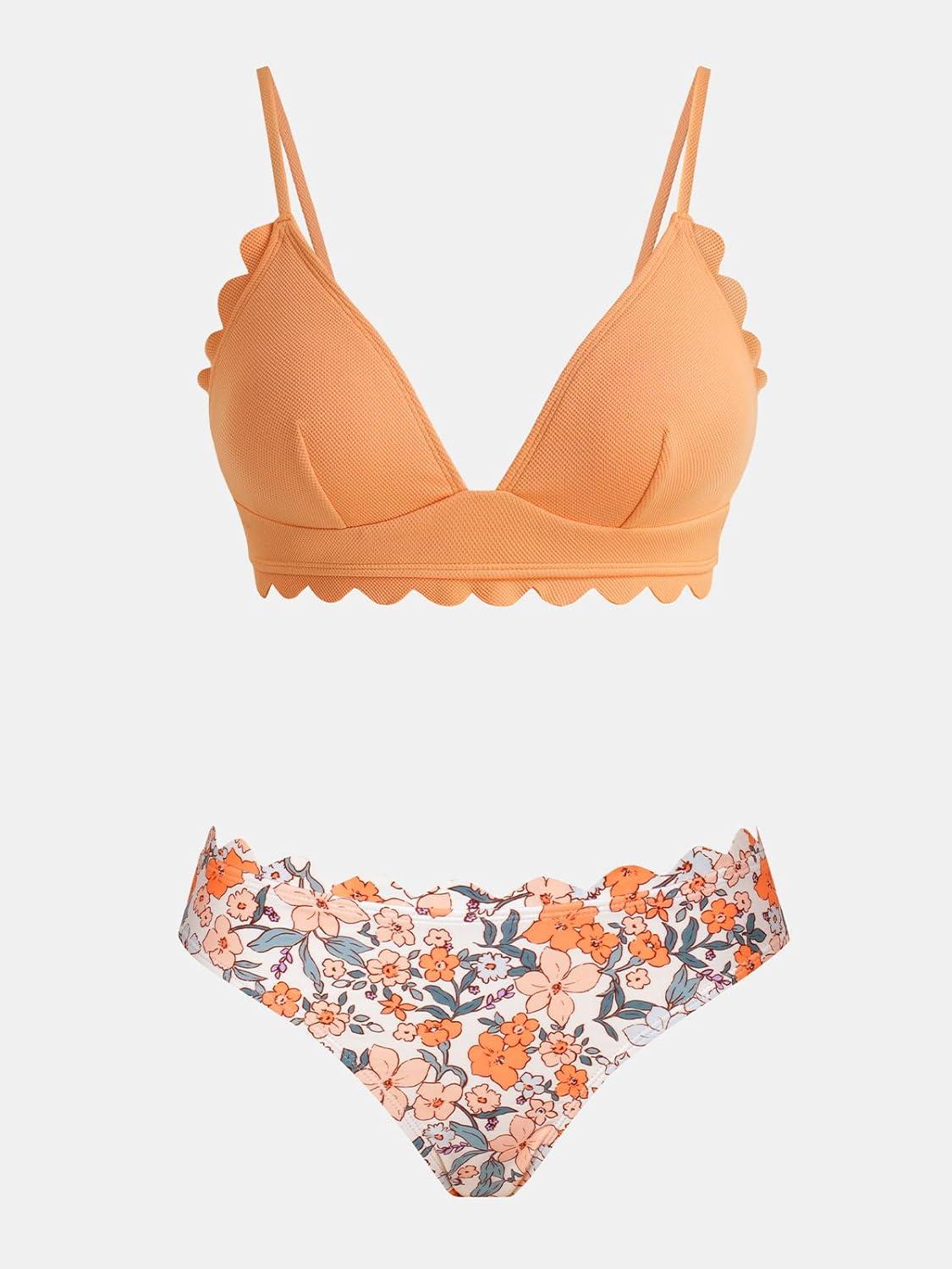 imageCUPSHE Womens Bikini Swimsuit Scalloped V Neck Lace Up Low Waisted Bathing SuitOrangeYellow Floral
