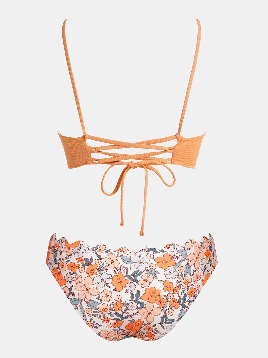 imageCUPSHE Womens Bikini Swimsuit Scalloped V Neck Lace Up Low Waisted Bathing SuitOrangeYellow Floral