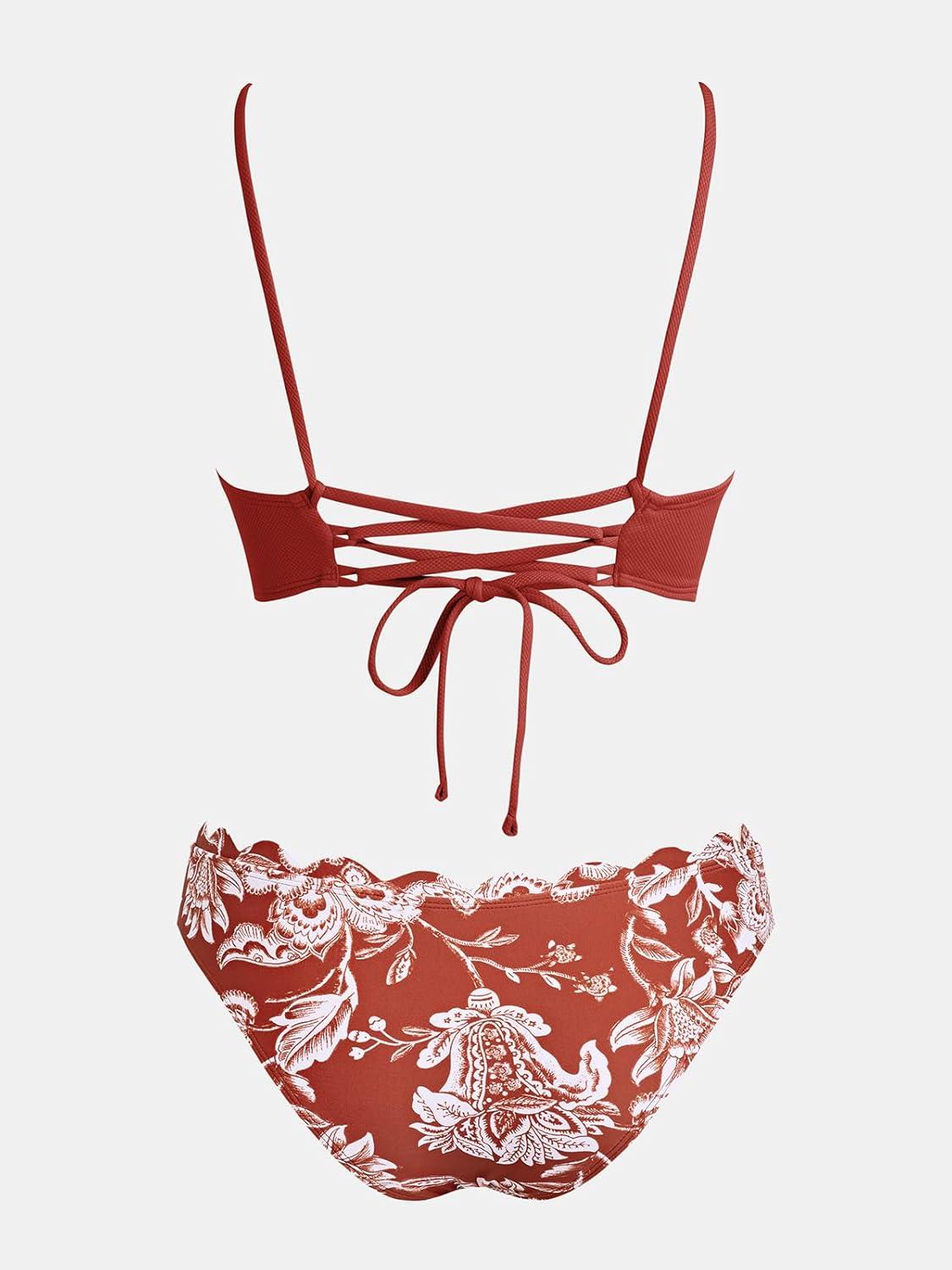 imageCUPSHE Womens Bikini Swimsuit Scalloped V Neck Lace Up Low Waisted Bathing SuitRedWhite Floral