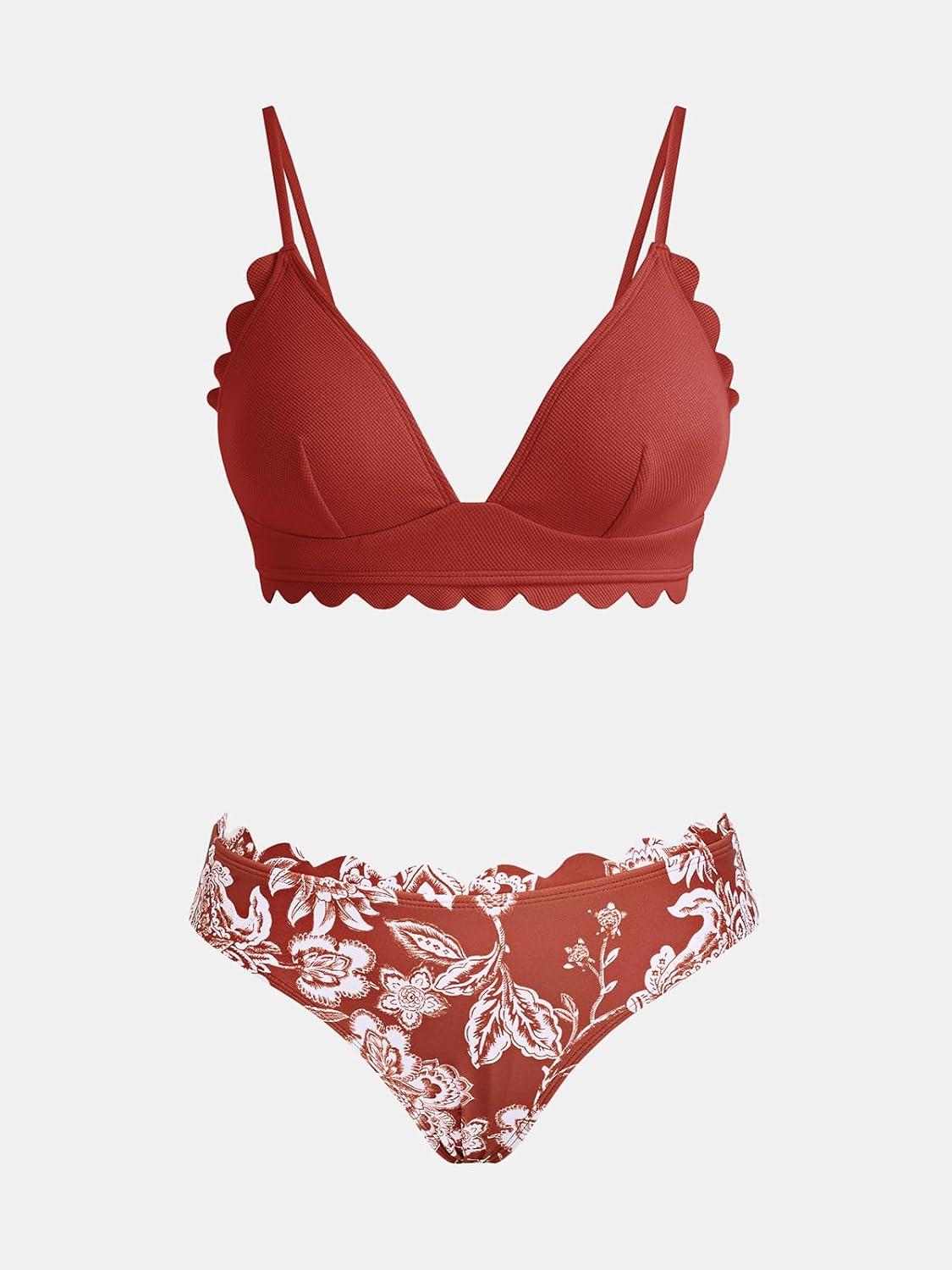 imageCUPSHE Womens Bikini Swimsuit Scalloped V Neck Lace Up Low Waisted Bathing SuitRedWhite Floral