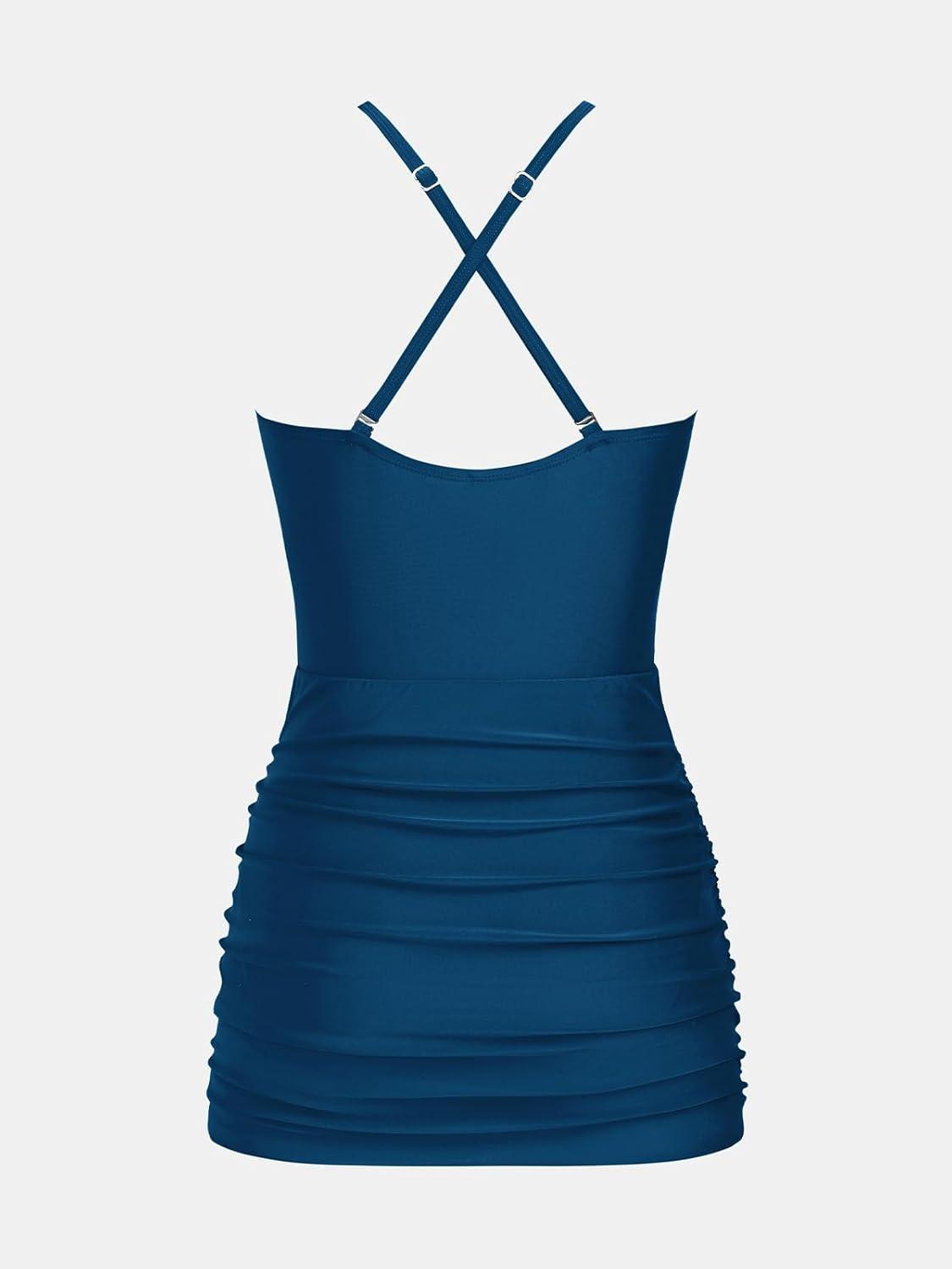 imageCUPSHE Womens One Piece Swim Dress Tummy Control Swimsuit Ruching Skirt High Neck Adjustable Straps Bathing SuitNavy Blue