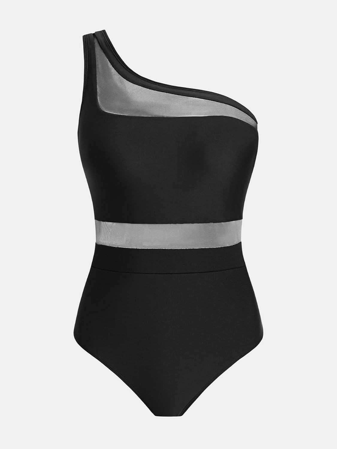 imageCUPSHE Womens One Piece Swimsuit Asymmetric Neck One Shoulder Bathing Suit Mesh SwimwearBlack