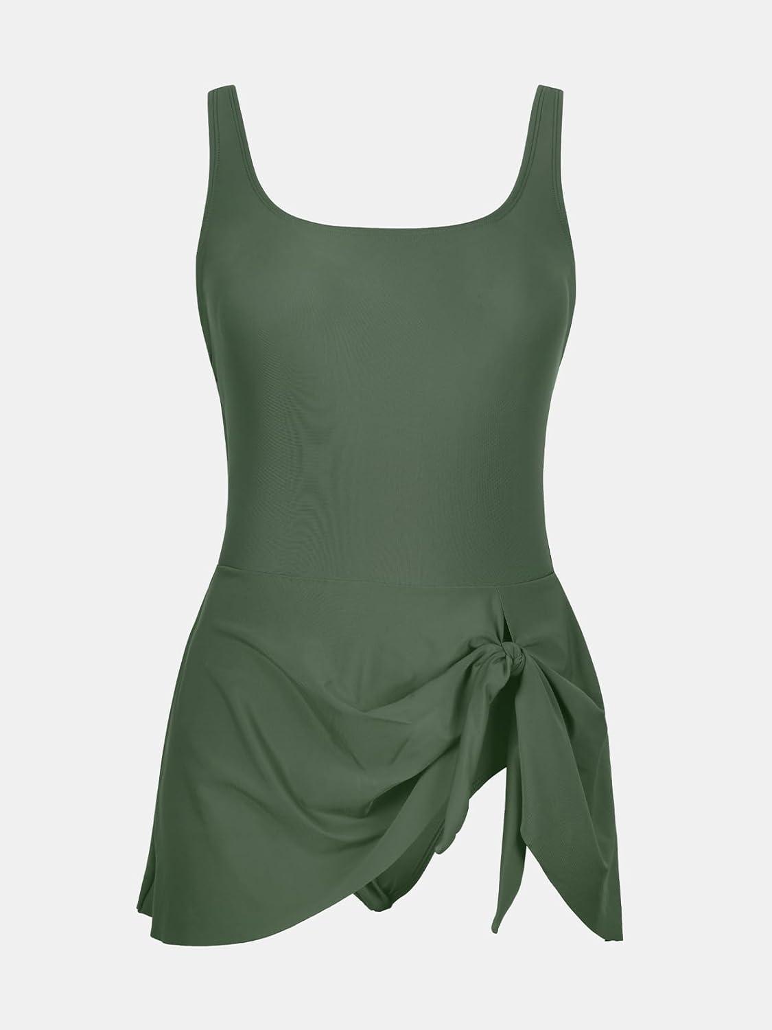 imageCUPSHE Womens One Piece Swimsuit Bathing Suit Scoop Neck Swimdress Wide Straps Tie Knot Swim SkirtMoss Green