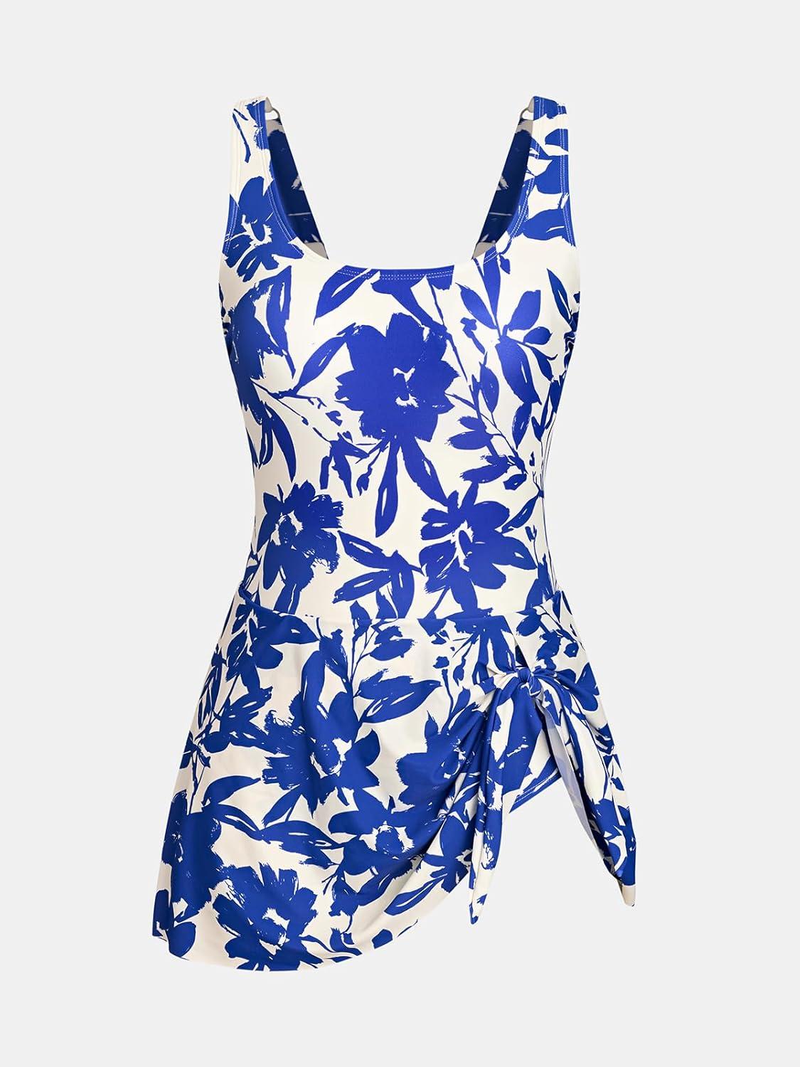 imageCUPSHE Womens One Piece Swimsuit Bathing Suit Scoop Neck Swimdress Wide Straps Tie Knot Swim SkirtWhiteCobalt Blue Floral