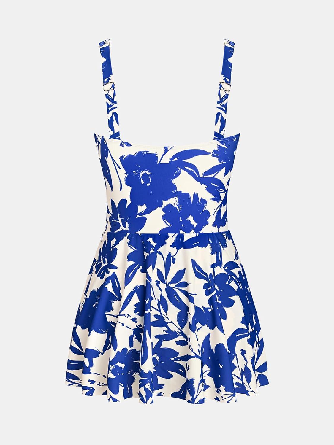 imageCUPSHE Womens One Piece Swimsuit Bathing Suit Scoop Neck Swimdress Wide Straps Tie Knot Swim SkirtWhiteCobalt Blue Floral