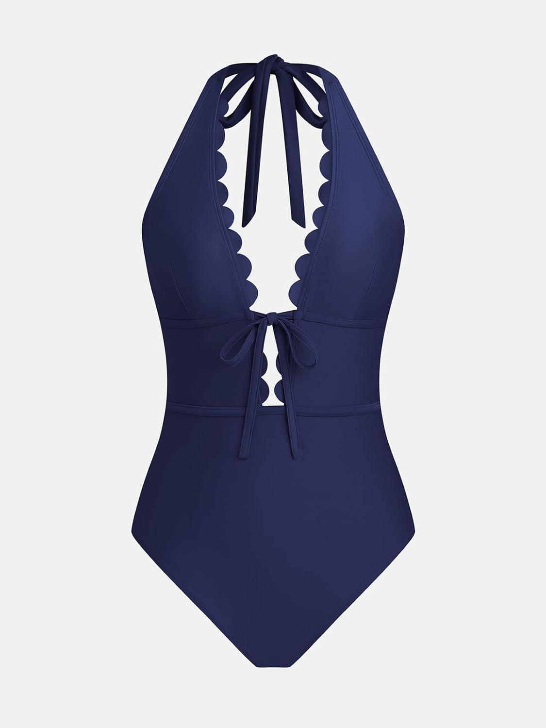 imageCUPSHE Womens One Piece Swimsuit Bathing Suits Halter Deep V Neck Self Tie Cutout Scalloped SwimwearNavy Blue