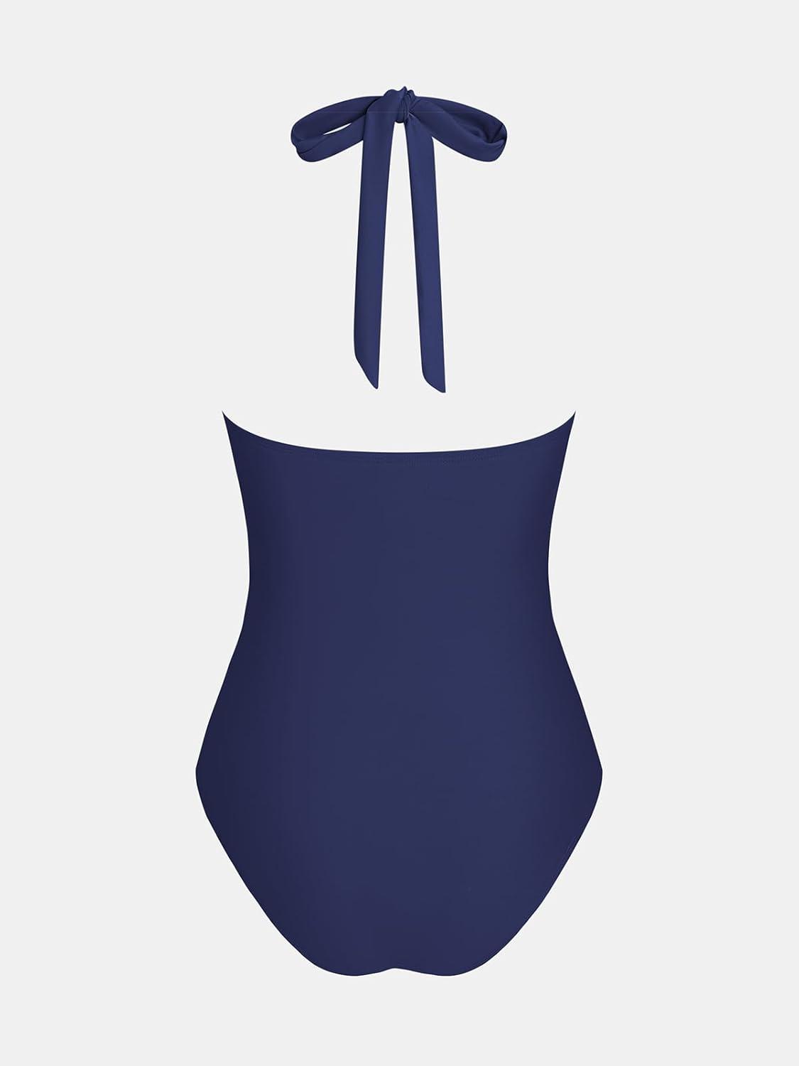 imageCUPSHE Womens One Piece Swimsuit Bathing Suits Halter Deep V Neck Self Tie Cutout Scalloped SwimwearNavy Blue
