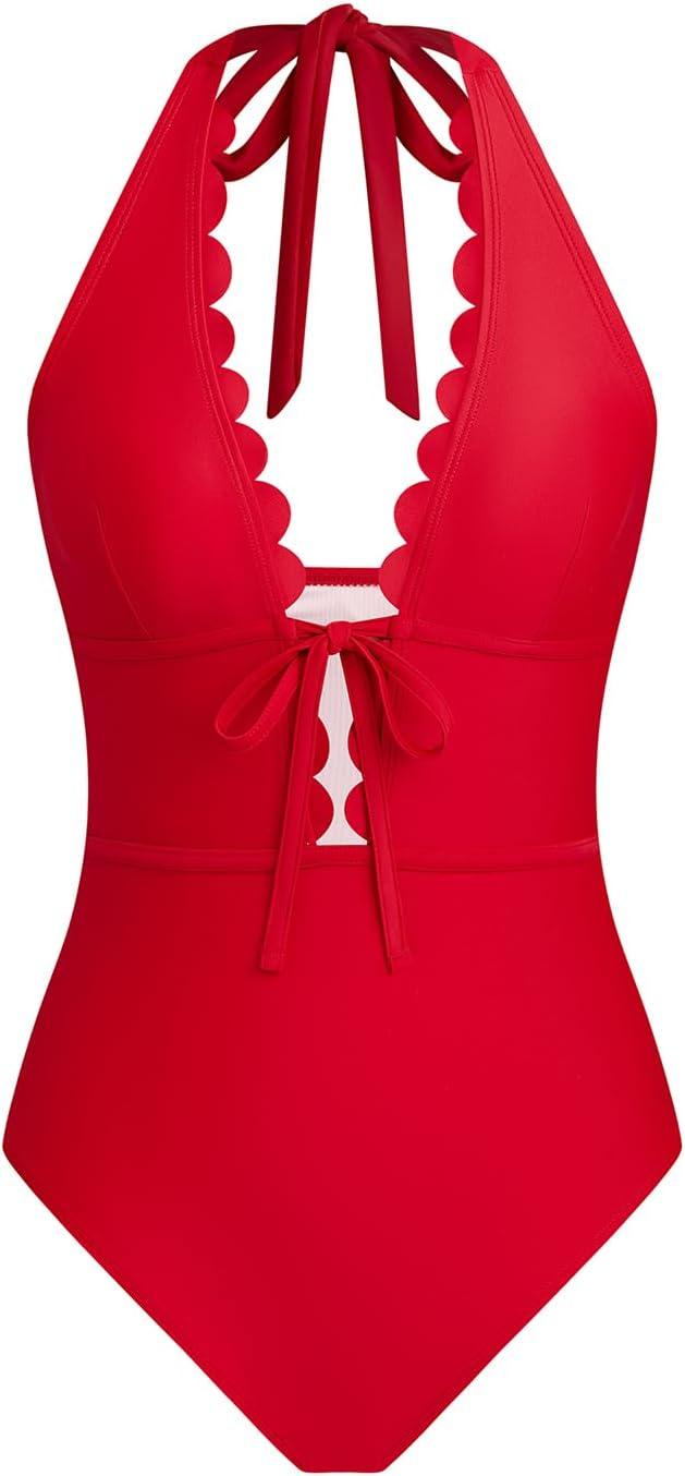 imageCUPSHE Womens One Piece Swimsuit Bathing Suits Halter Deep V Neck Self Tie Cutout Scalloped SwimwearRuby Red