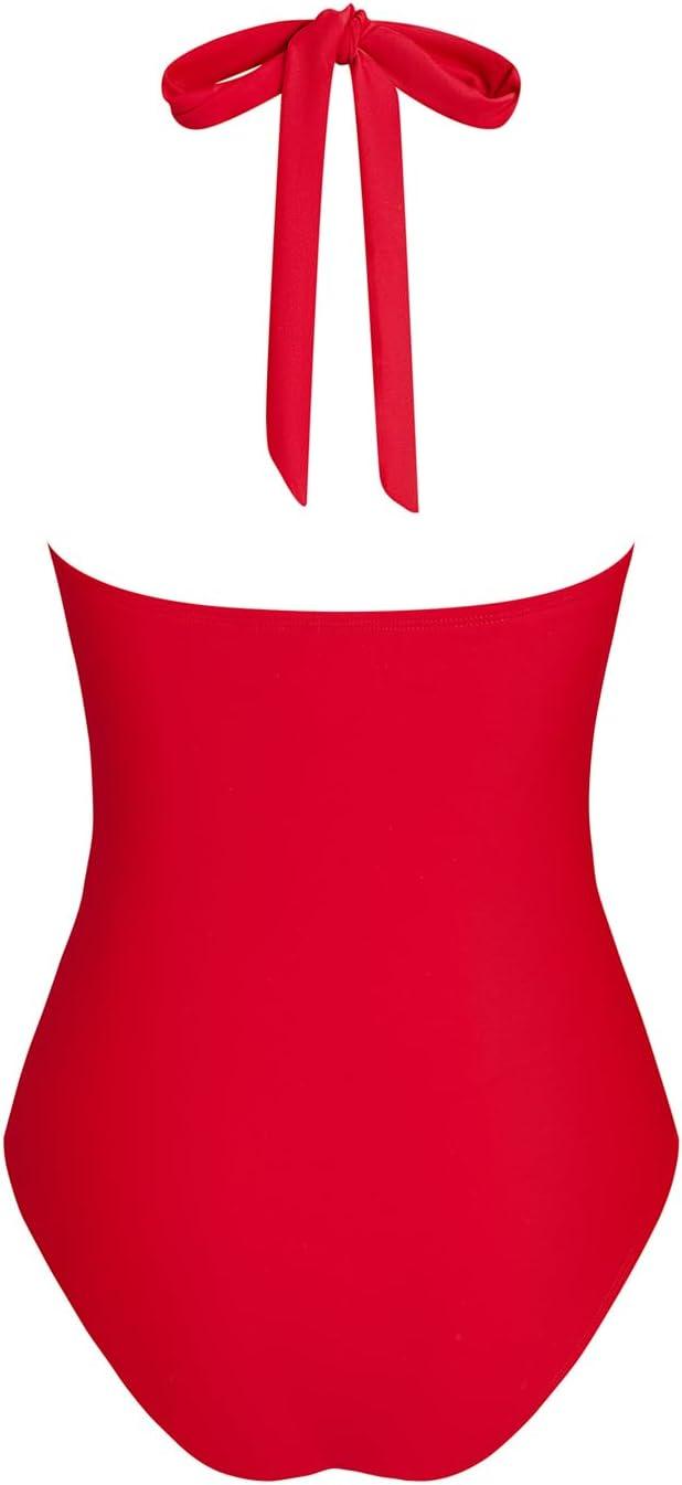 imageCUPSHE Womens One Piece Swimsuit Bathing Suits Halter Deep V Neck Self Tie Cutout Scalloped SwimwearRuby Red