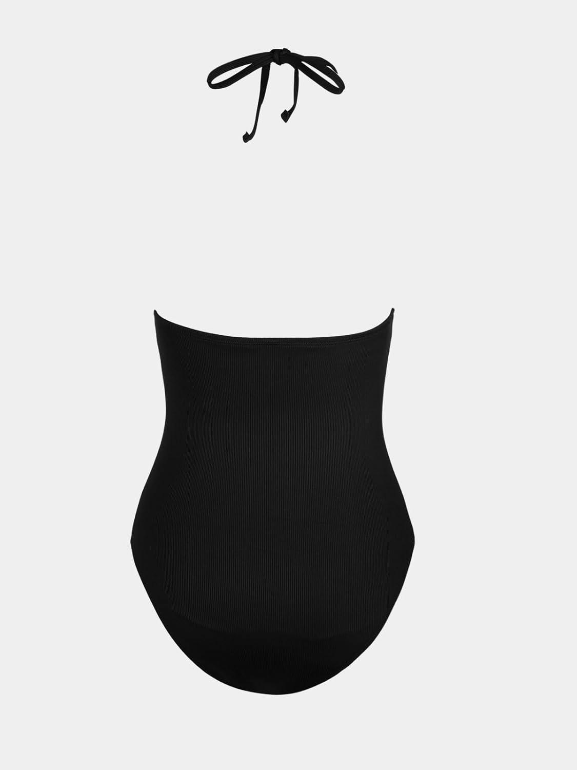 imageCUPSHE Womens One Piece Swimsuit Halter Back Tie Scalloped V Neck Textured Contrast StitchingBlack