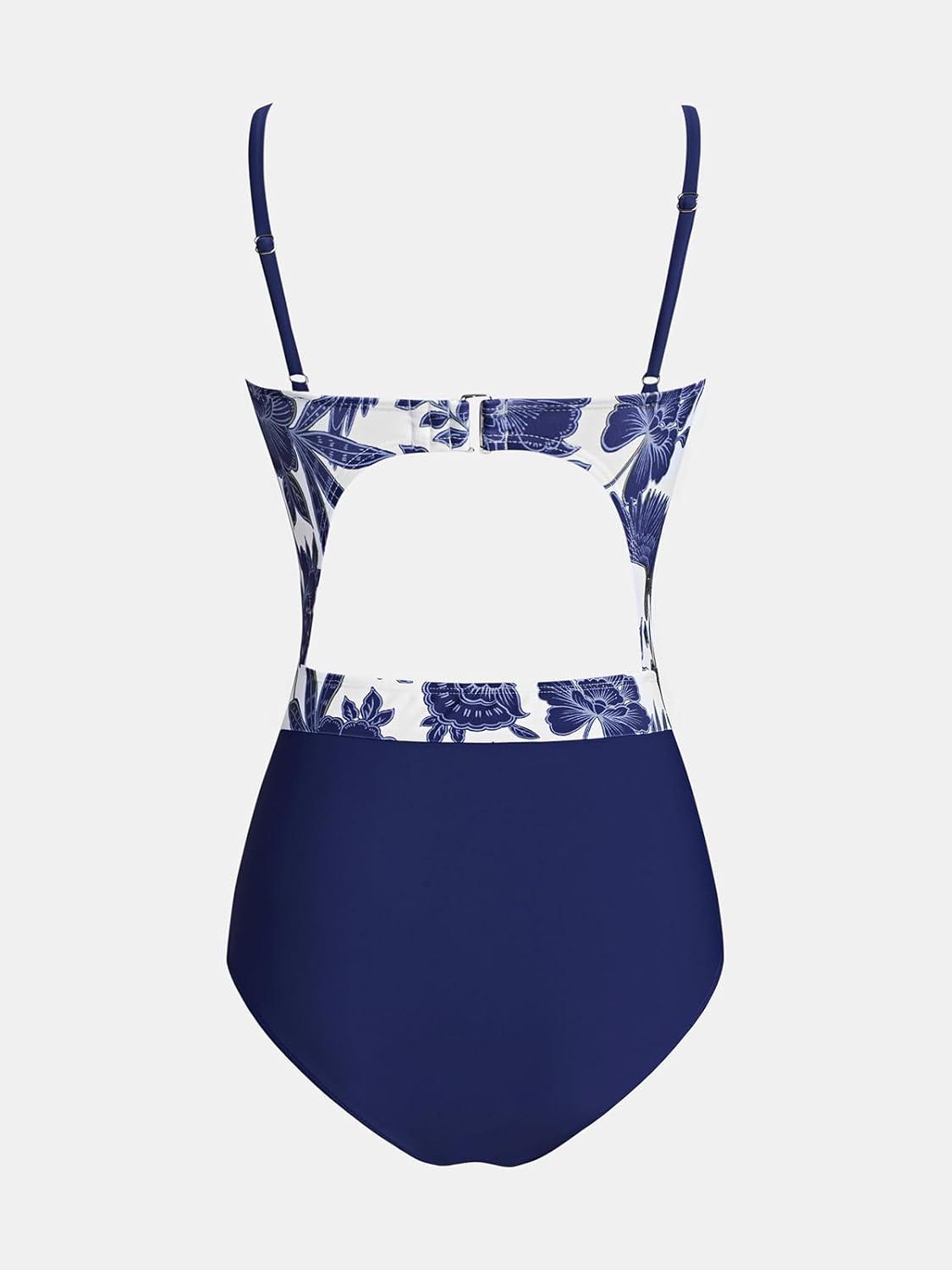 imageCUPSHE Womens One Piece Swimsuit Plunge Neckline Cutout Criss Cross Bathing SuitBlue Floral