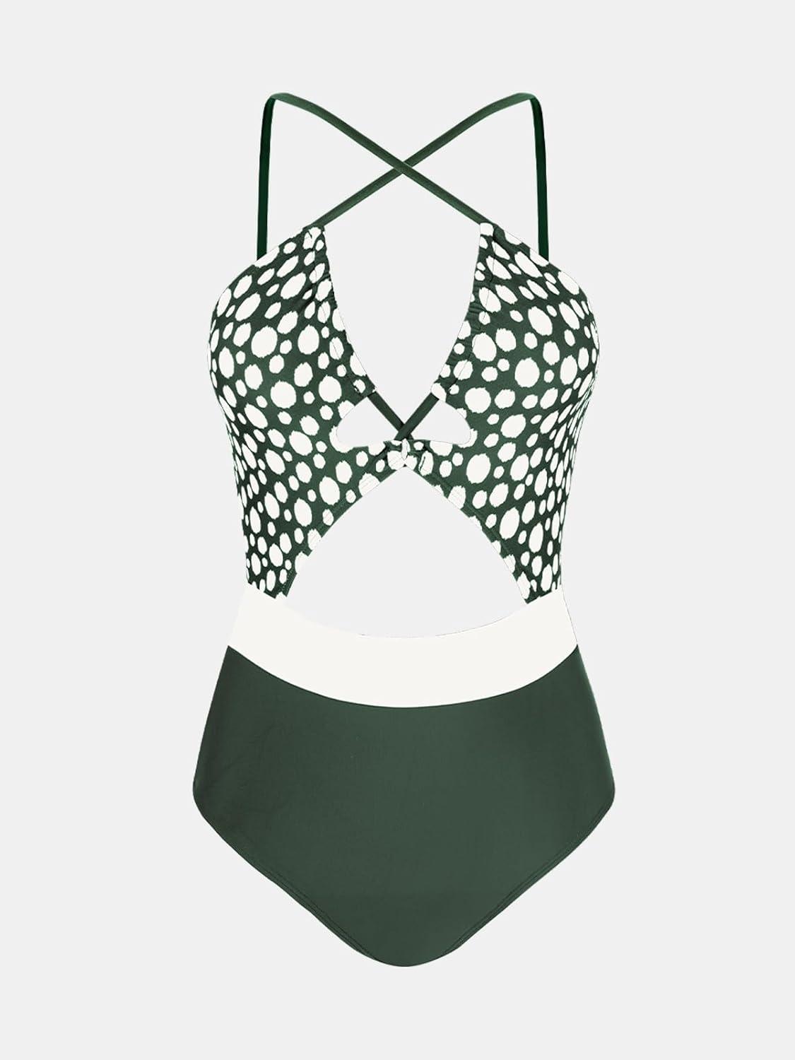 imageCUPSHE Womens One Piece Swimsuit Plunge Neckline Cutout Criss Cross Bathing SuitOlive GreenWhite Polka Dots