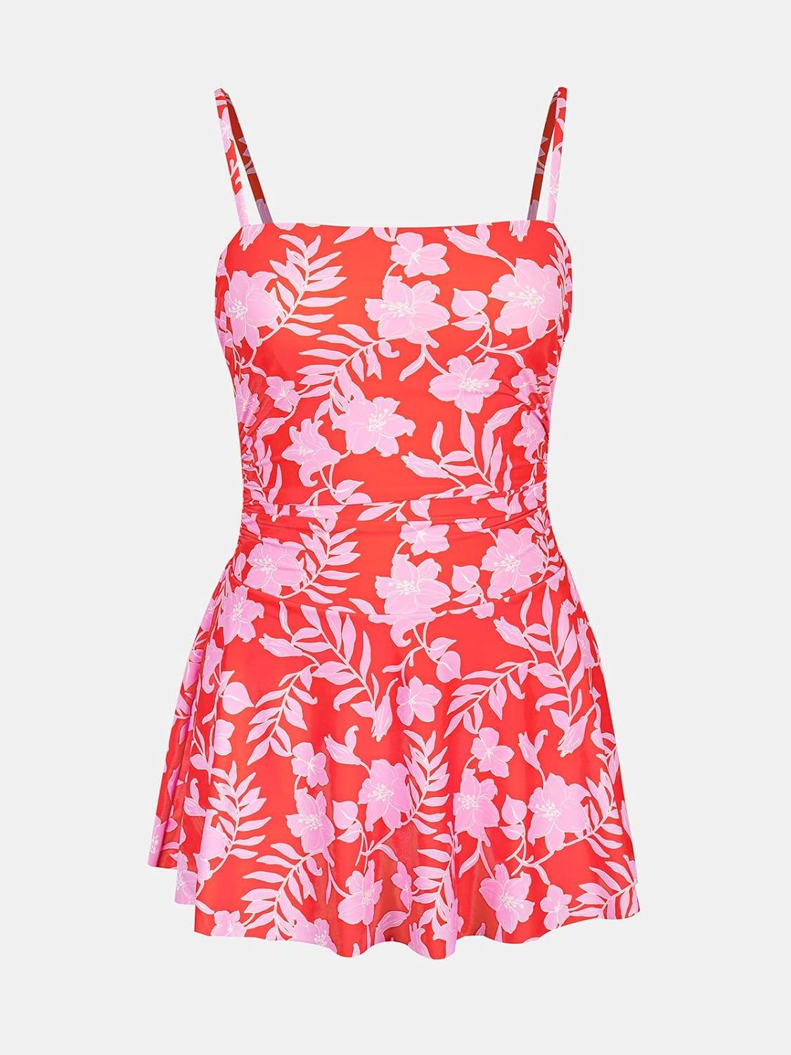imageCUPSHE Womens One Piece Swimsuit Swim Dress Square Neck Ruched Spaghetti Adjustable Straps Bathing SuitCoral RedFloral