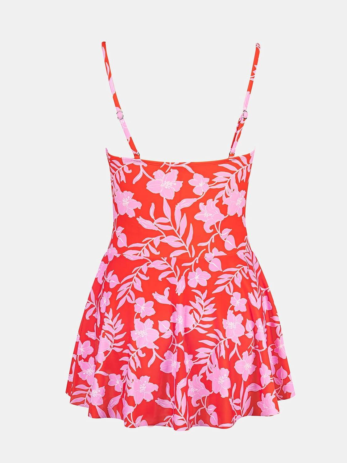 imageCUPSHE Womens One Piece Swimsuit Swim Dress Square Neck Ruched Spaghetti Adjustable Straps Bathing SuitCoral RedFloral