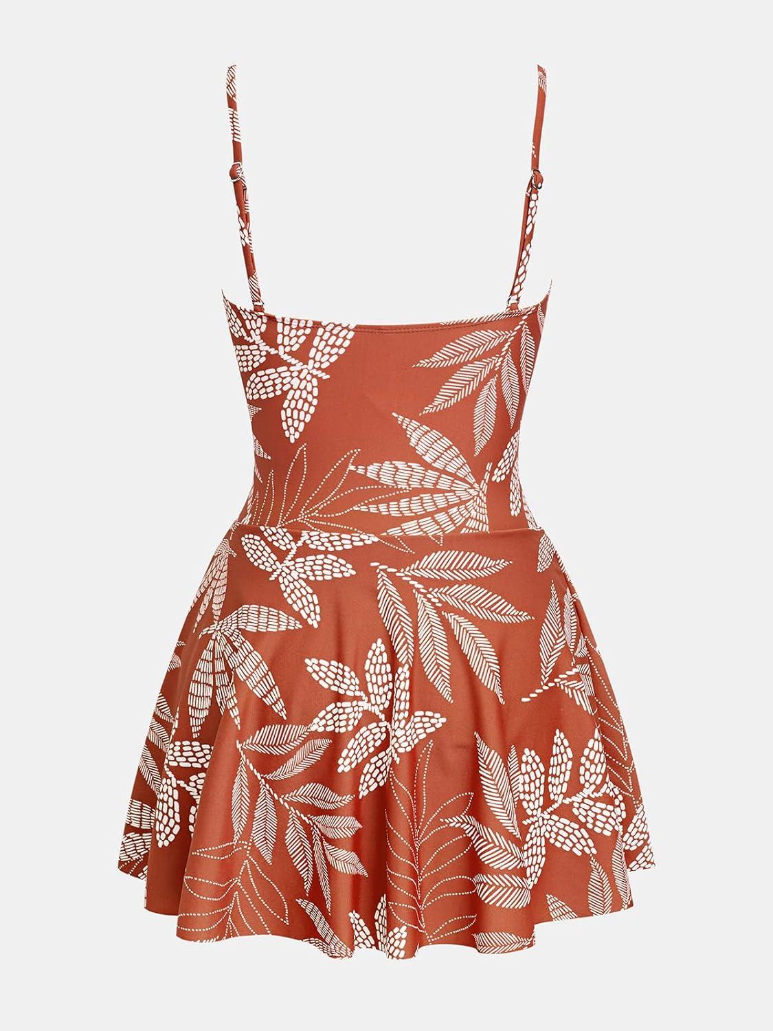 imageCUPSHE Womens One Piece Swimsuit Swim Dress Square Neck Ruched Spaghetti Adjustable Straps Bathing SuitCoral RedLeaf