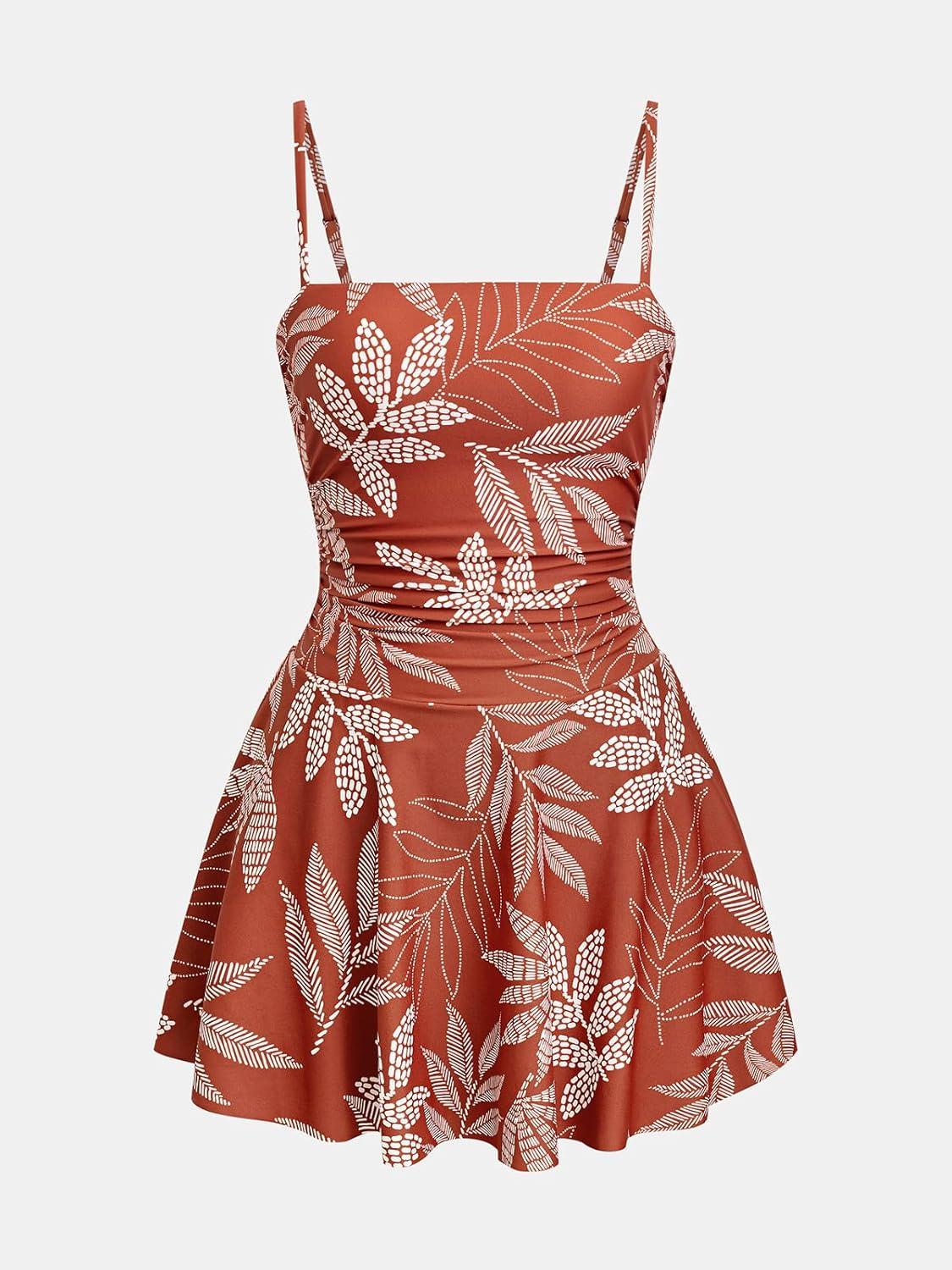 imageCUPSHE Womens One Piece Swimsuit Swim Dress Square Neck Ruched Spaghetti Adjustable Straps Bathing SuitCoral RedLeaf