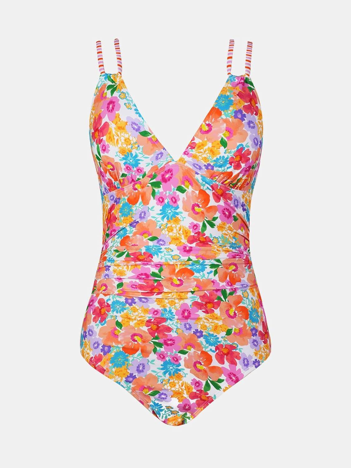imageCUPSHE Womens One Piece Swimsuit V Neck Tummy Control Double Adjustable Straps Back Cutout ORingOrangeMagenta Floral