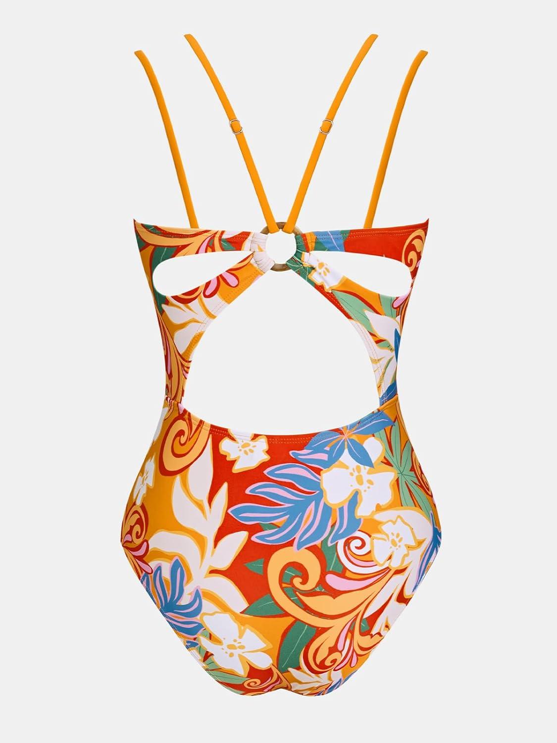 imageCUPSHE Womens One Piece Swimsuit V Neck Tummy Control Double Adjustable Straps Back Cutout ORingRedOrange Floral