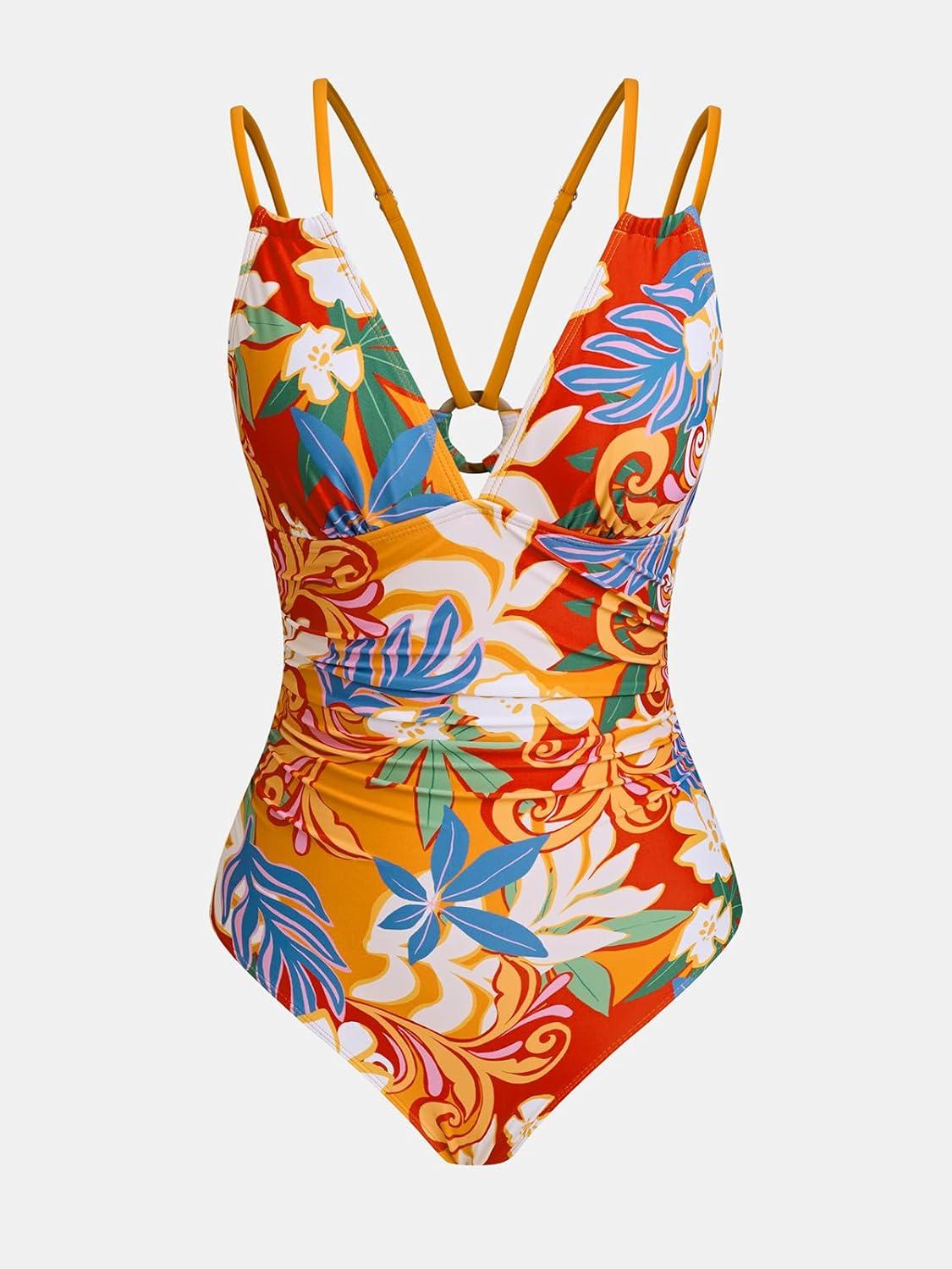 imageCUPSHE Womens One Piece Swimsuit V Neck Tummy Control Double Adjustable Straps Back Cutout ORingRedOrange Floral