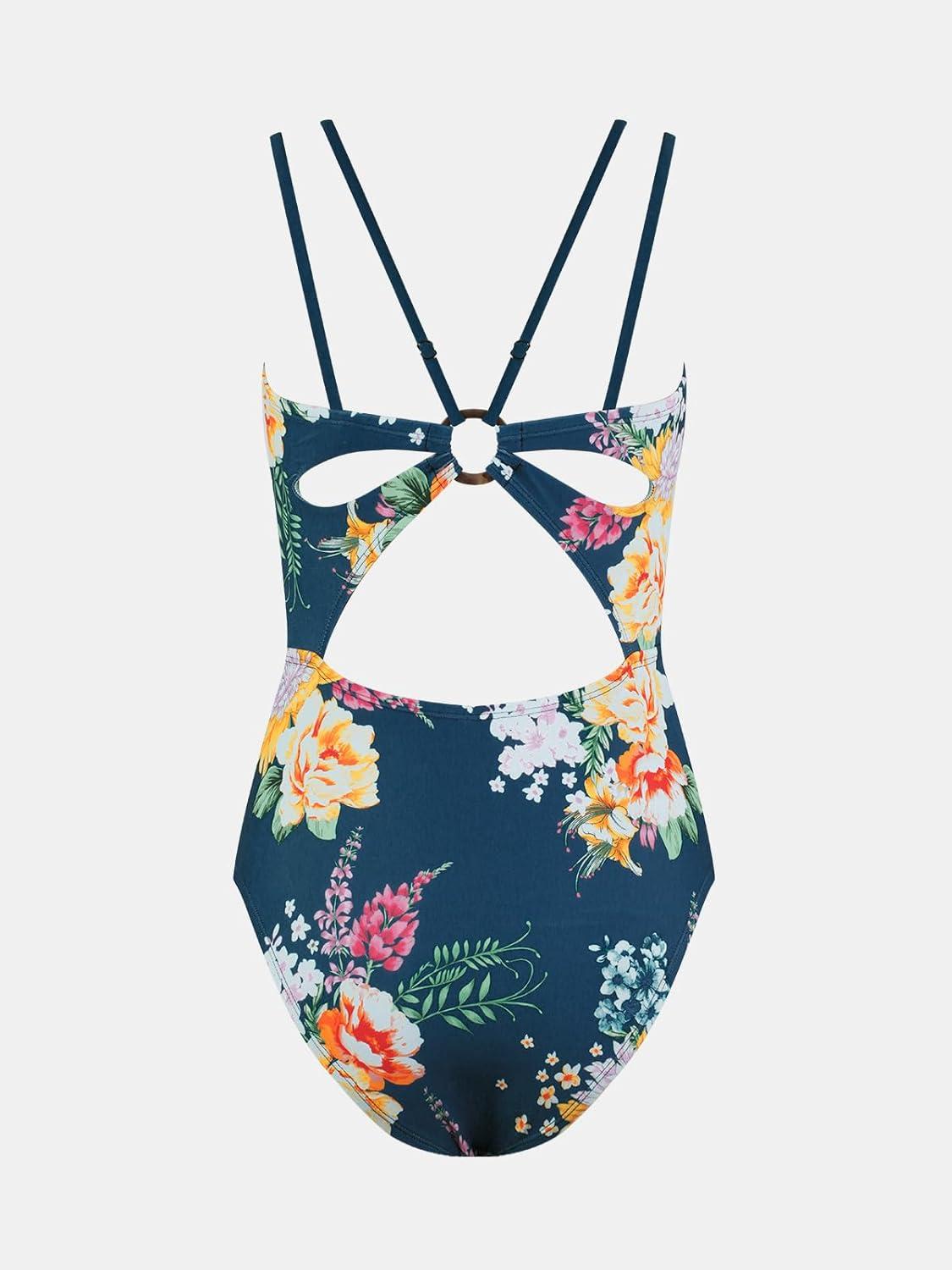 imageCUPSHE Womens One Piece Swimsuit V Neck Tummy Control Double Adjustable Straps Back Cutout ORingTeal BlueFloral
