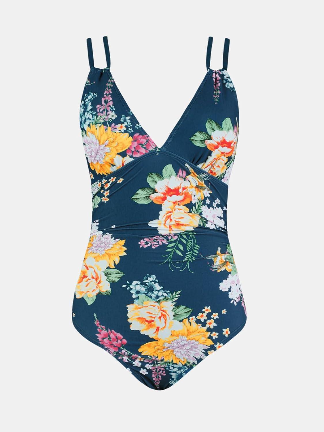 imageCUPSHE Womens One Piece Swimsuit V Neck Tummy Control Double Adjustable Straps Back Cutout ORingTeal BlueFloral