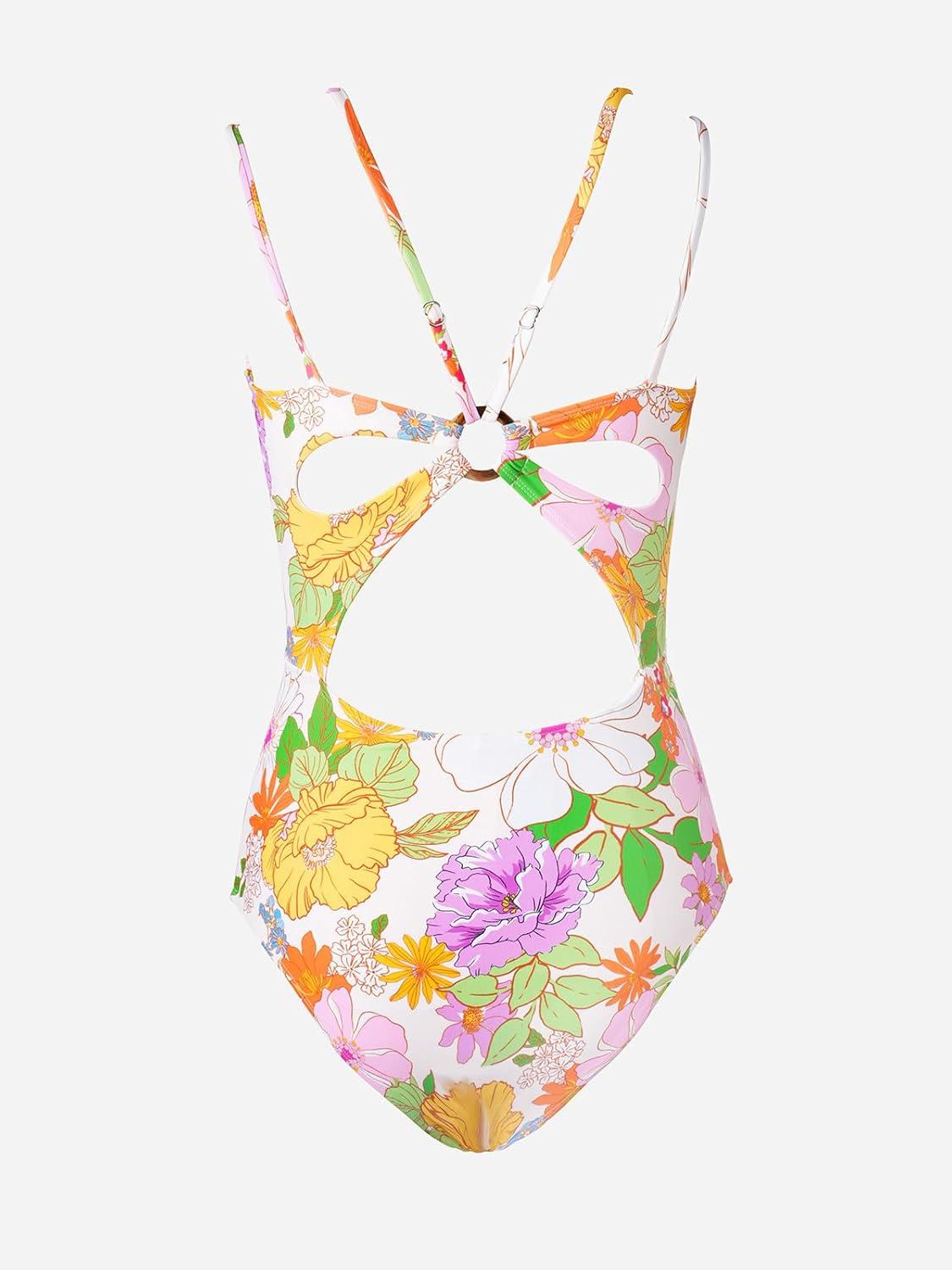 imageCUPSHE Womens One Piece Swimsuit V Neck Tummy Control Double Adjustable Straps Back Cutout ORingWhitePink Floral