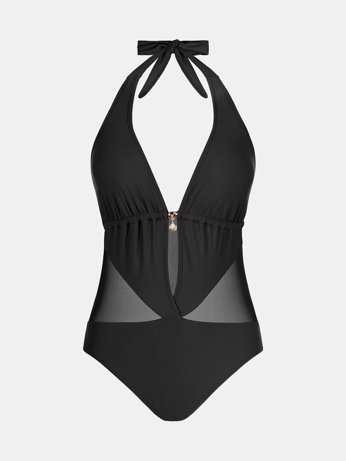 imageCUPSHE Womens Plunging Hater One Piece Ruched Mesh Panel Swimsuit Deep V Neck Open Back Bathing SuitBlack