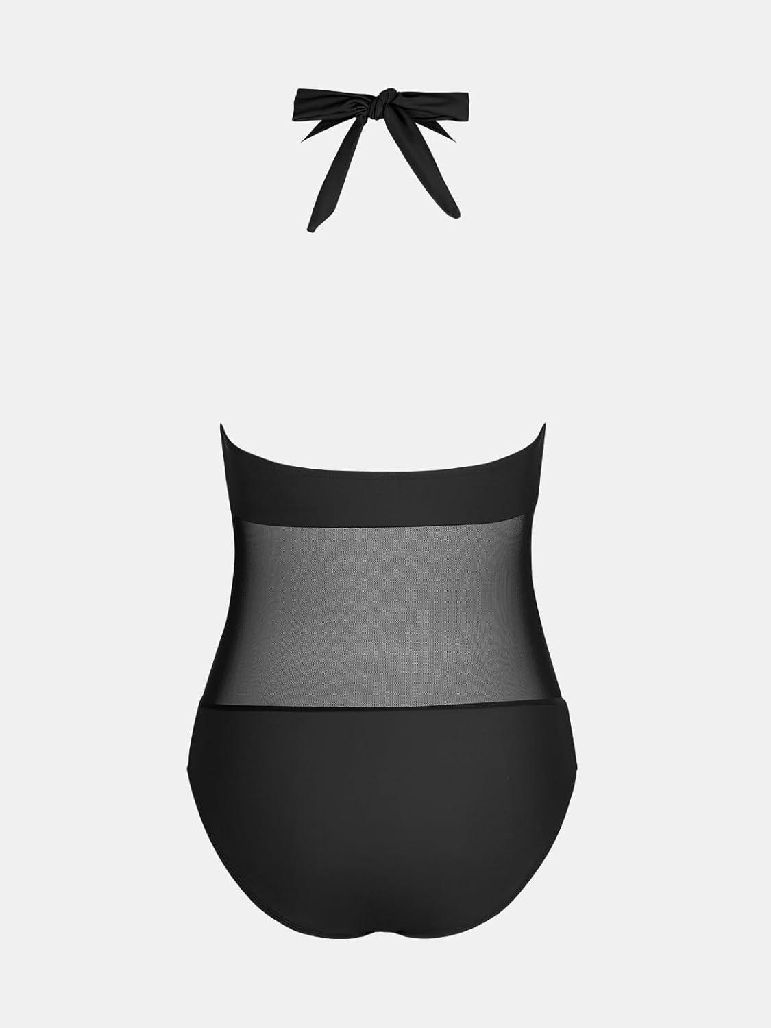 imageCUPSHE Womens Plunging Hater One Piece Ruched Mesh Panel Swimsuit Deep V Neck Open Back Bathing SuitBlack