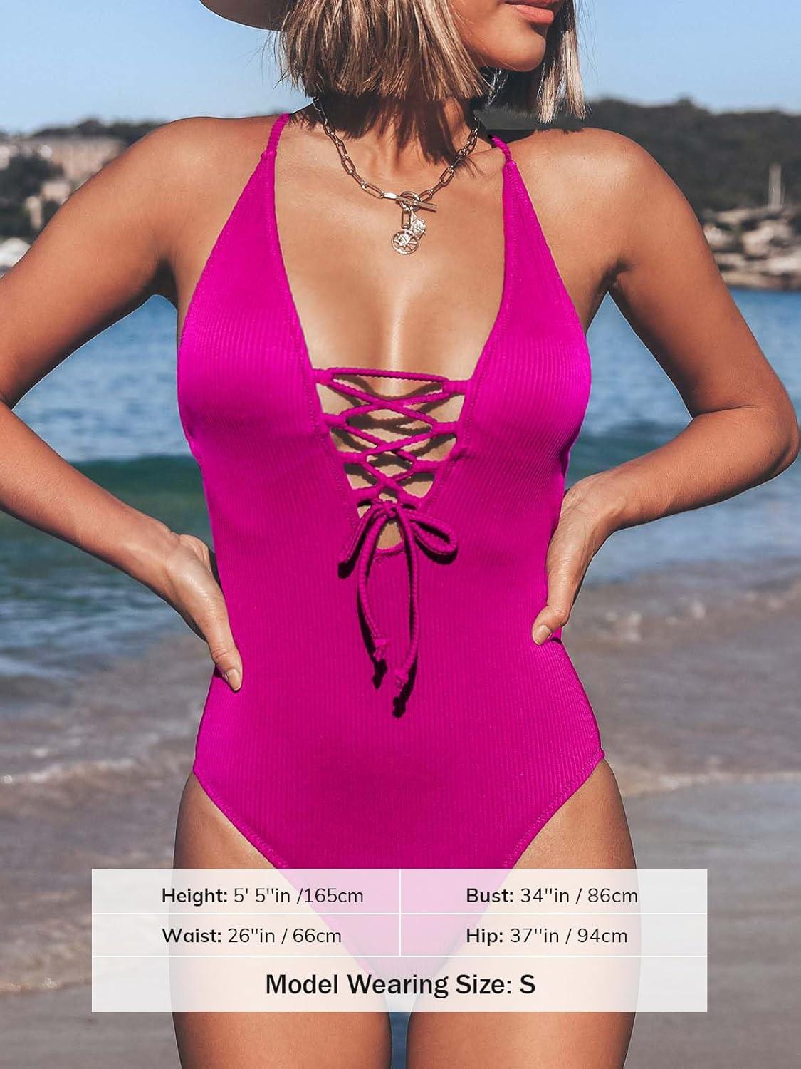 imageCUPSHE Womens Solid Color V Neck Lace Up One Piece SwimsuitMagenta