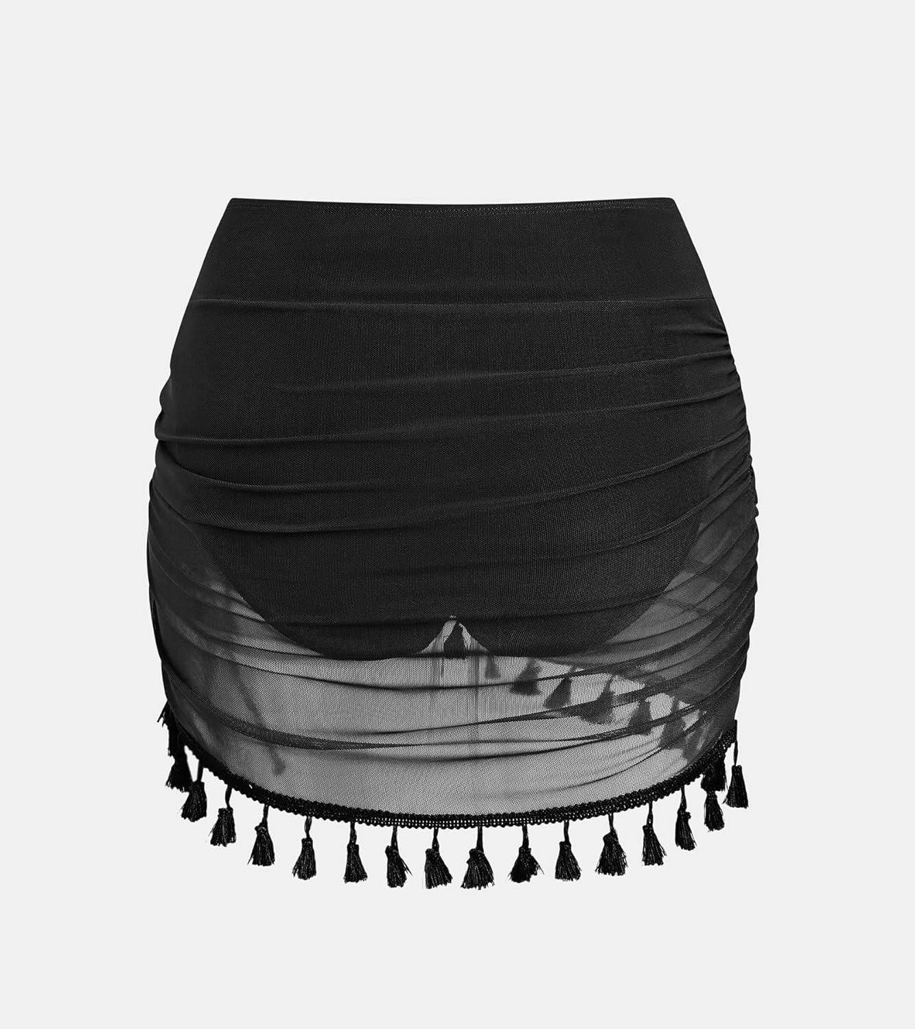 imageCUPSHE Womens Swimsuit Bikini Bottom with Mesh Skirt High Waisted Sexy Bathing Suit RuchedBlack