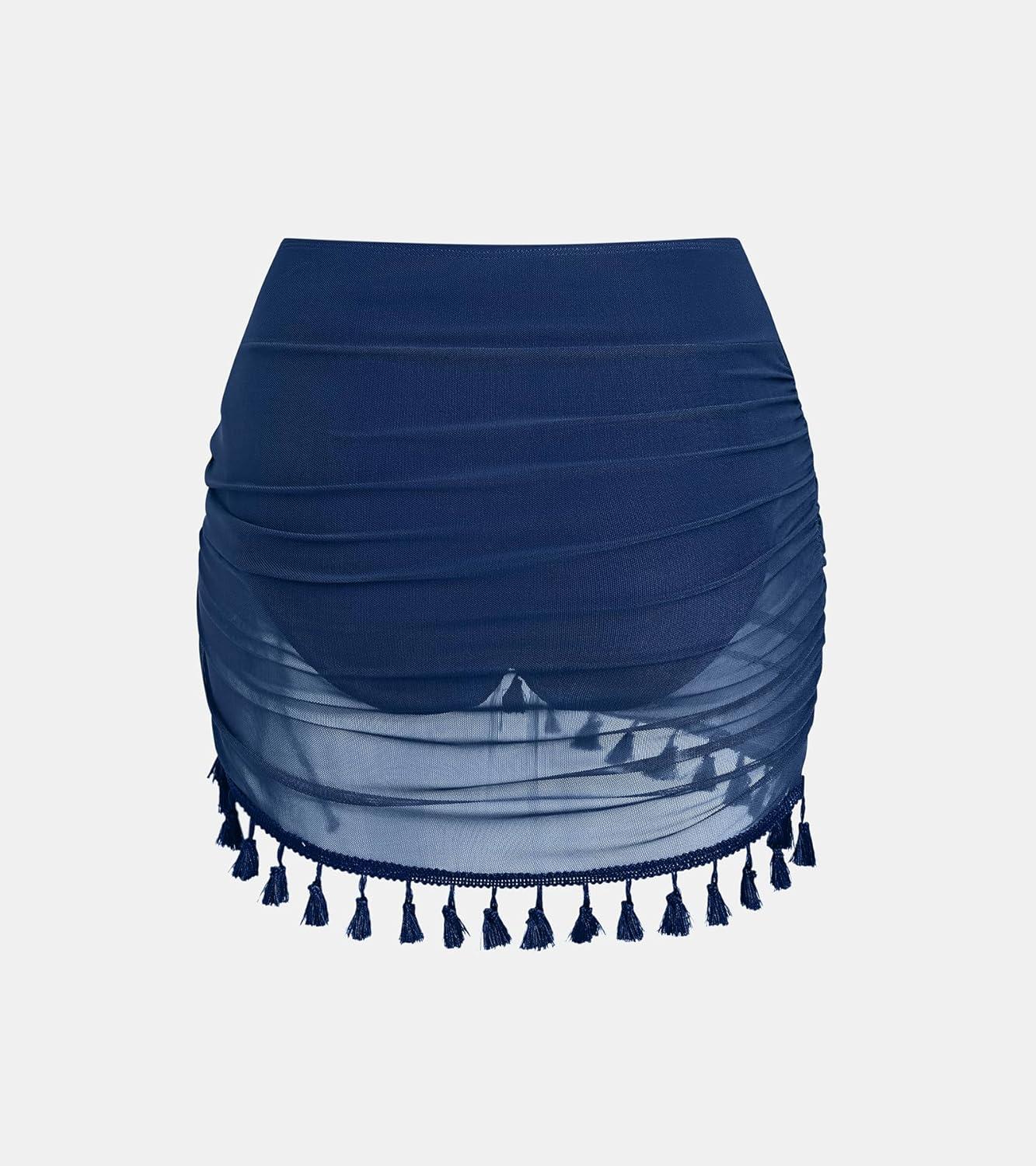 imageCUPSHE Womens Swimsuit Bikini Bottom with Mesh Skirt High Waisted Sexy Bathing Suit RuchedNavy Blue