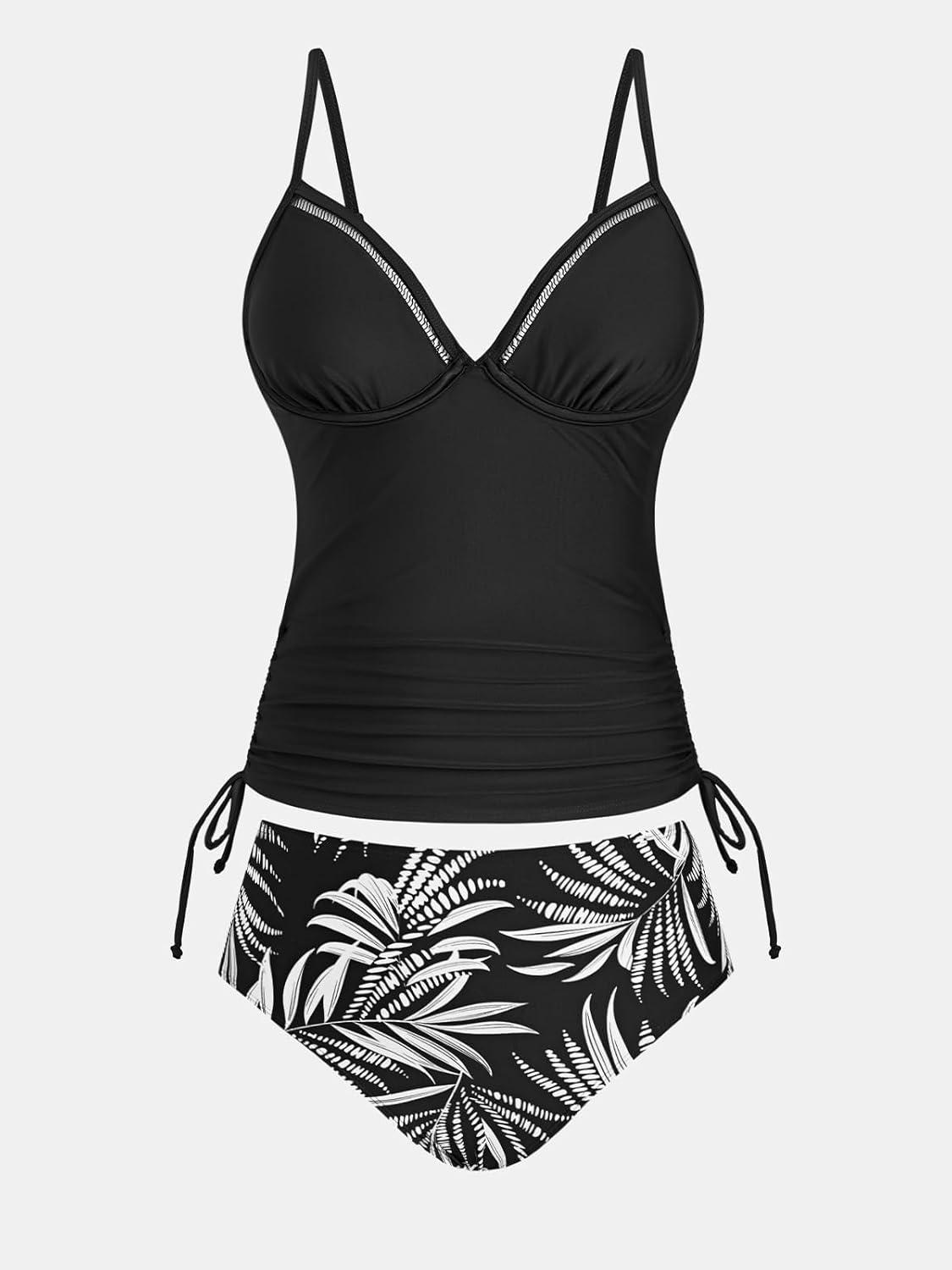 imageCUPSHE Womens Tankini Sets Diamond V Neck Underwire Cutouts Two Piece Swimsuit Adjustable Straps Drawstrings SwimwearBlackTropical