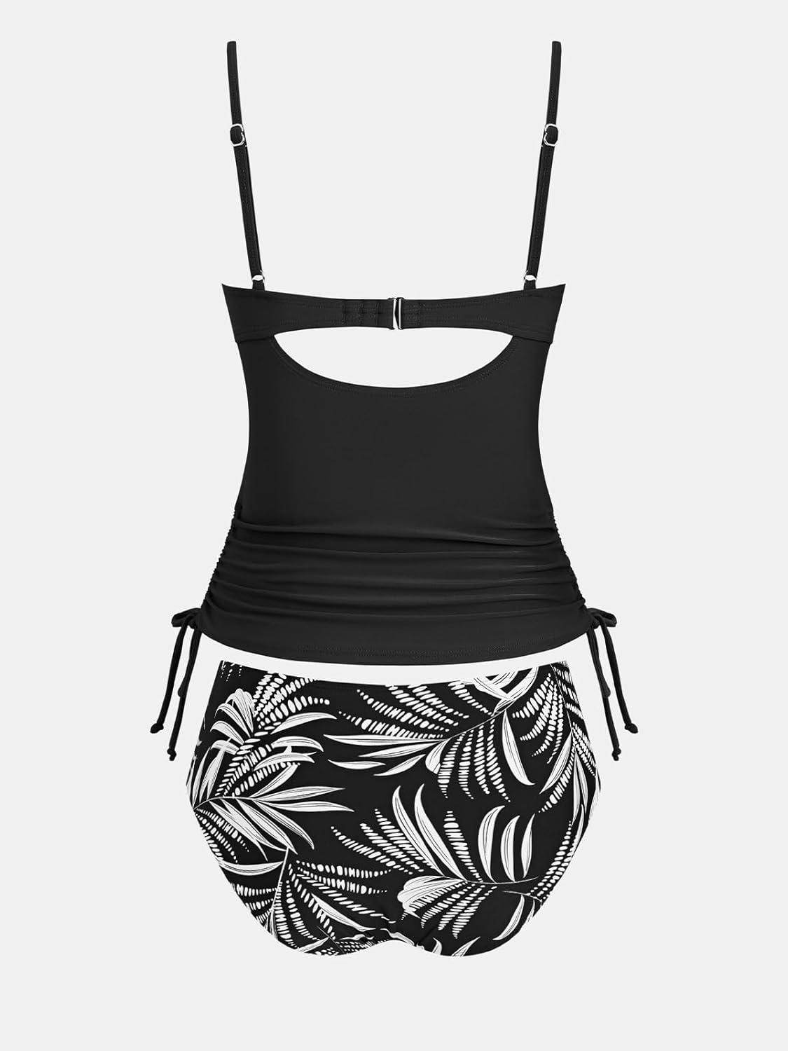 imageCUPSHE Womens Tankini Sets Diamond V Neck Underwire Cutouts Two Piece Swimsuit Adjustable Straps Drawstrings SwimwearBlackTropical