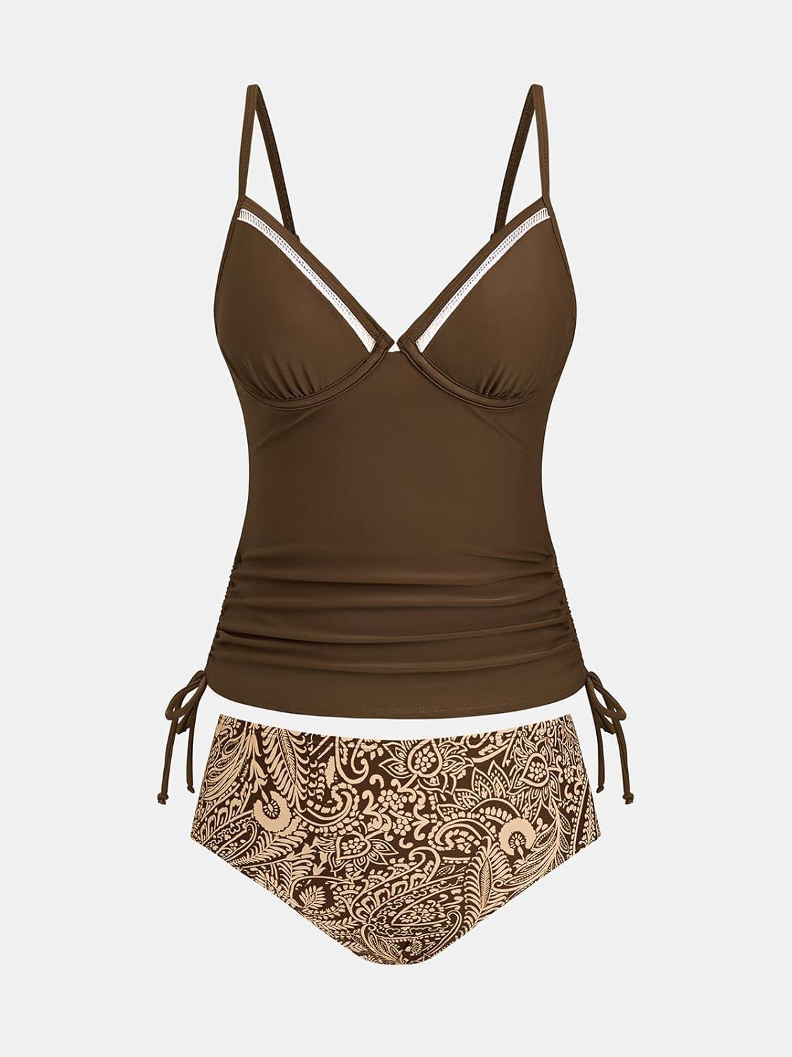 imageCUPSHE Womens Tankini Sets Diamond V Neck Underwire Cutouts Two Piece Swimsuit Adjustable Straps Drawstrings SwimwearBrownTropical