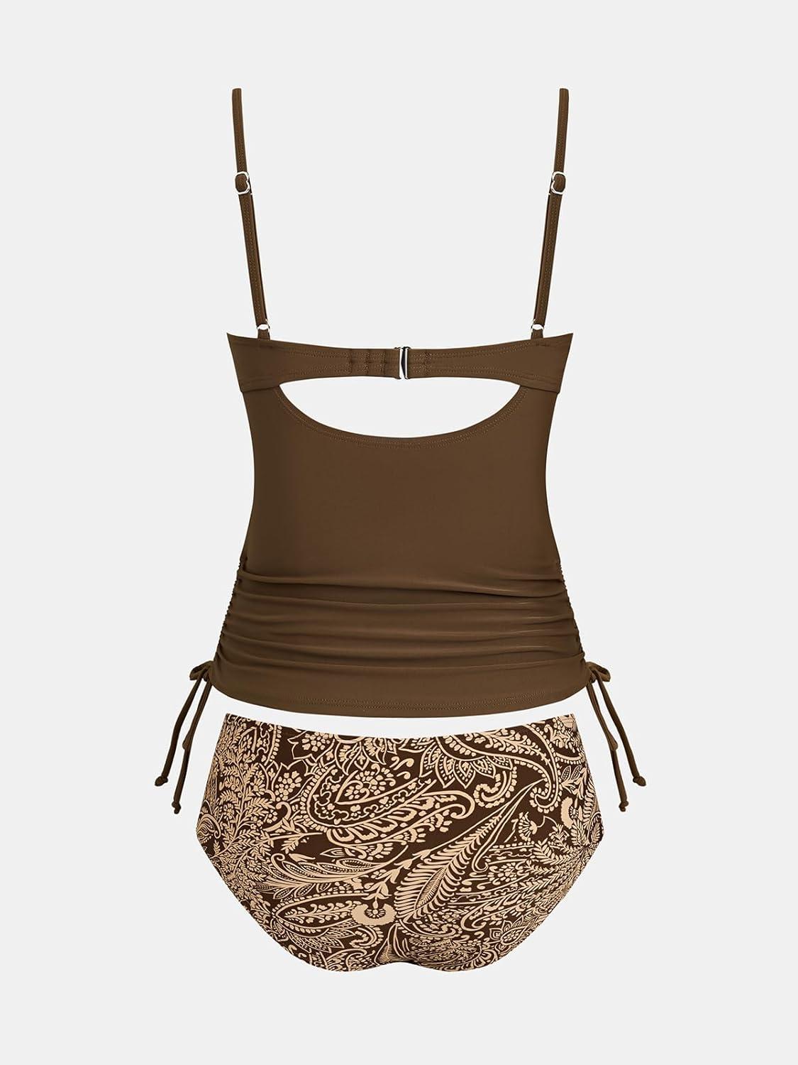 imageCUPSHE Womens Tankini Sets Diamond V Neck Underwire Cutouts Two Piece Swimsuit Adjustable Straps Drawstrings SwimwearBrownTropical