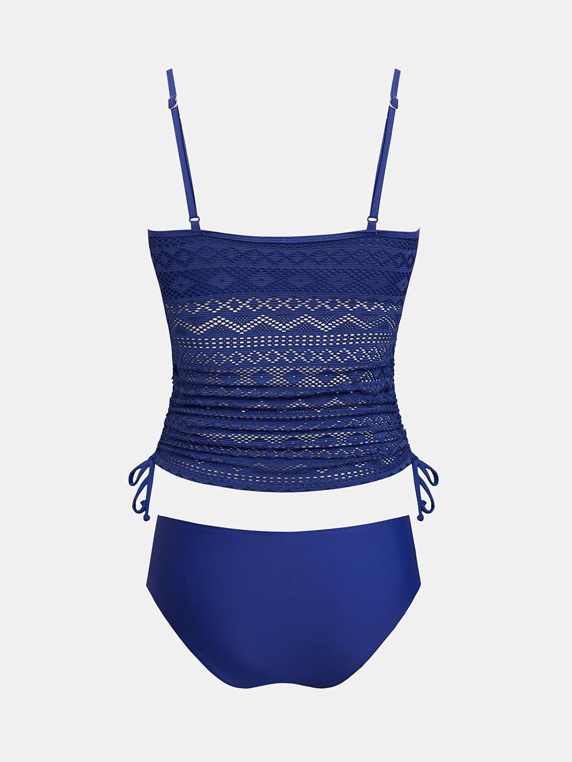 imageCUPSHE Womens Tankini Sets Two Piece Swimsuit Square Neck Mesh Bathing Suit Adjustable Spaghetti Straps DrawstringNavy Blue