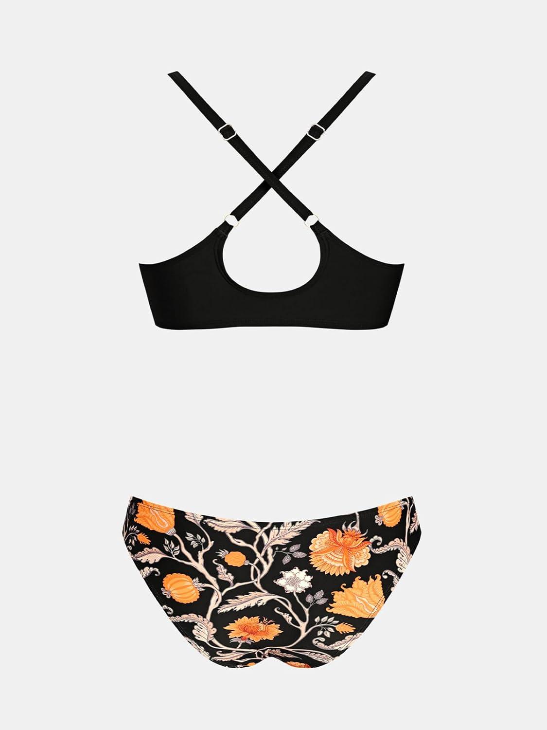 imageCUPSHE Womens Two Piece Bikini Set Floral Print Knot Bunny TieBlackOrange Floral