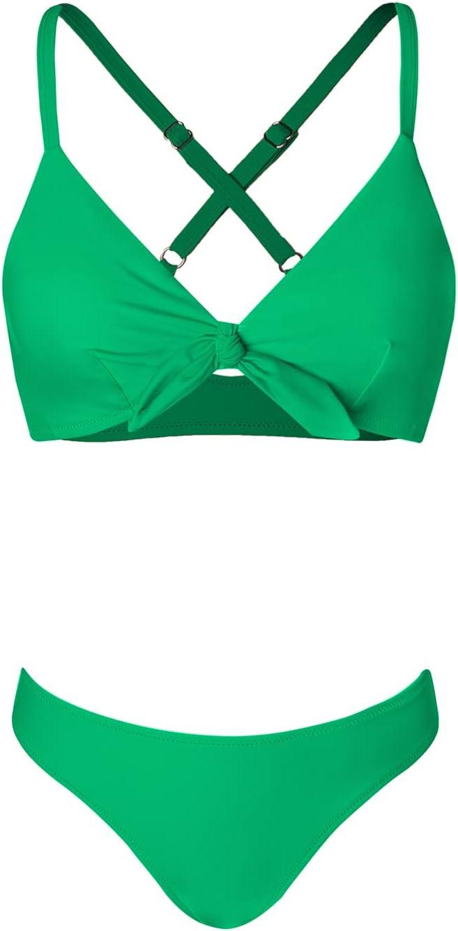 imageCUPSHE Womens Two Piece Bikini Set Floral Print Knot Bunny TieGrass Green