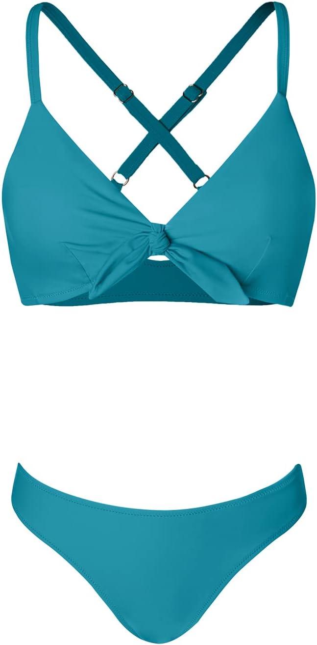 imageCUPSHE Womens Two Piece Bikini Set Floral Print Knot Bunny TieTeal Blue