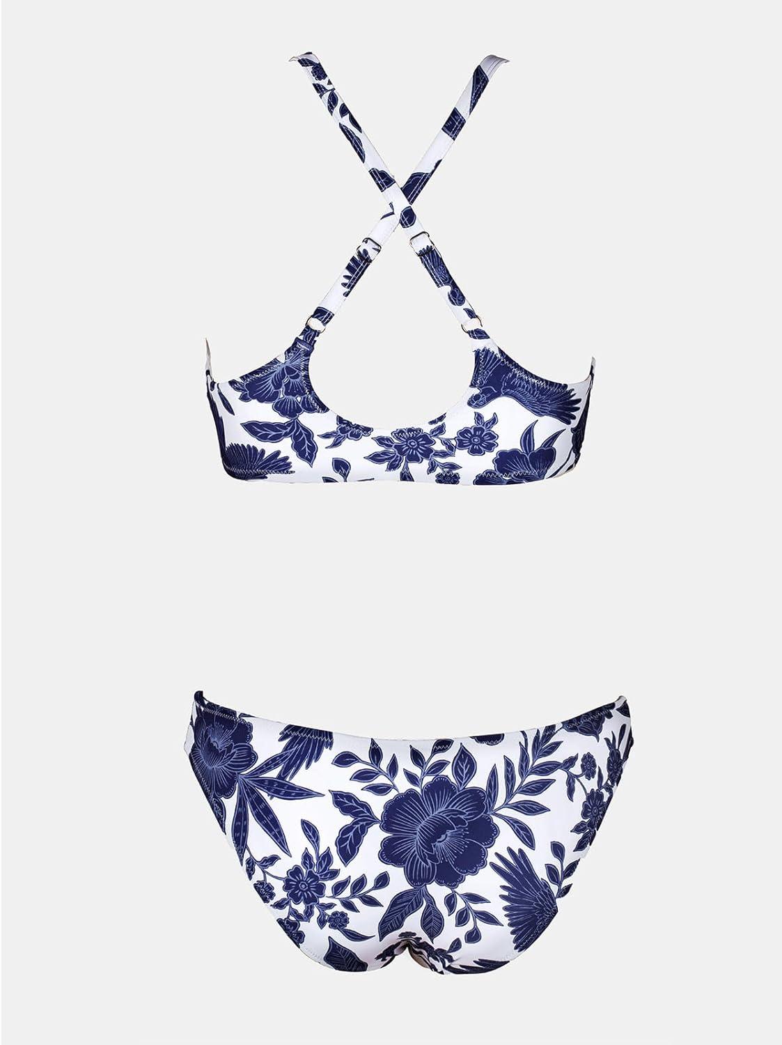 imageCUPSHE Womens Two Piece Bikini Set Floral Print Knot Bunny TieWhiteNavy Floral
