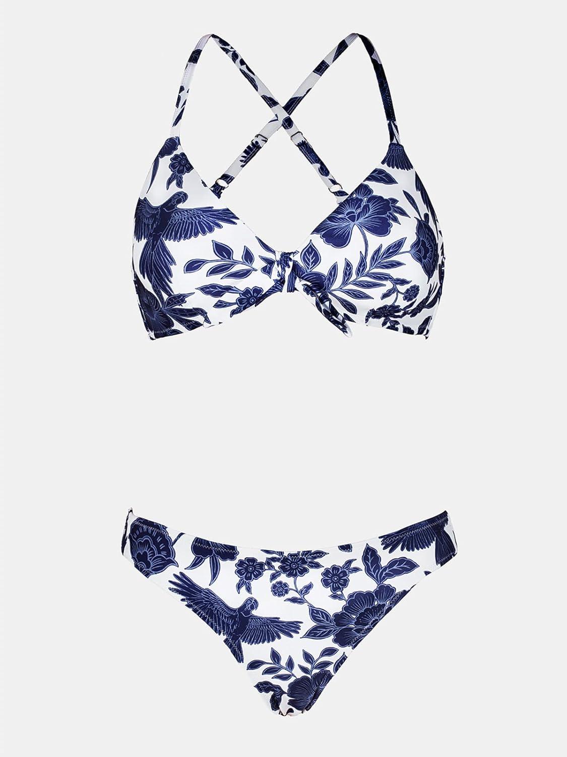 imageCUPSHE Womens Two Piece Bikini Set Floral Print Knot Bunny TieWhiteNavy Floral