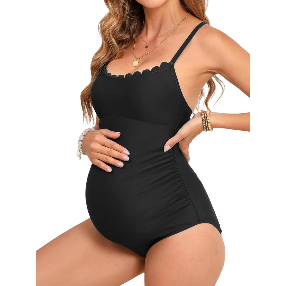 imageCUPSHE Maternity One Piece Swimsuit Scoop Neck Womens Bathing Suit Scalloped Lace up Back Criss Cross Tie PregnancyBlack