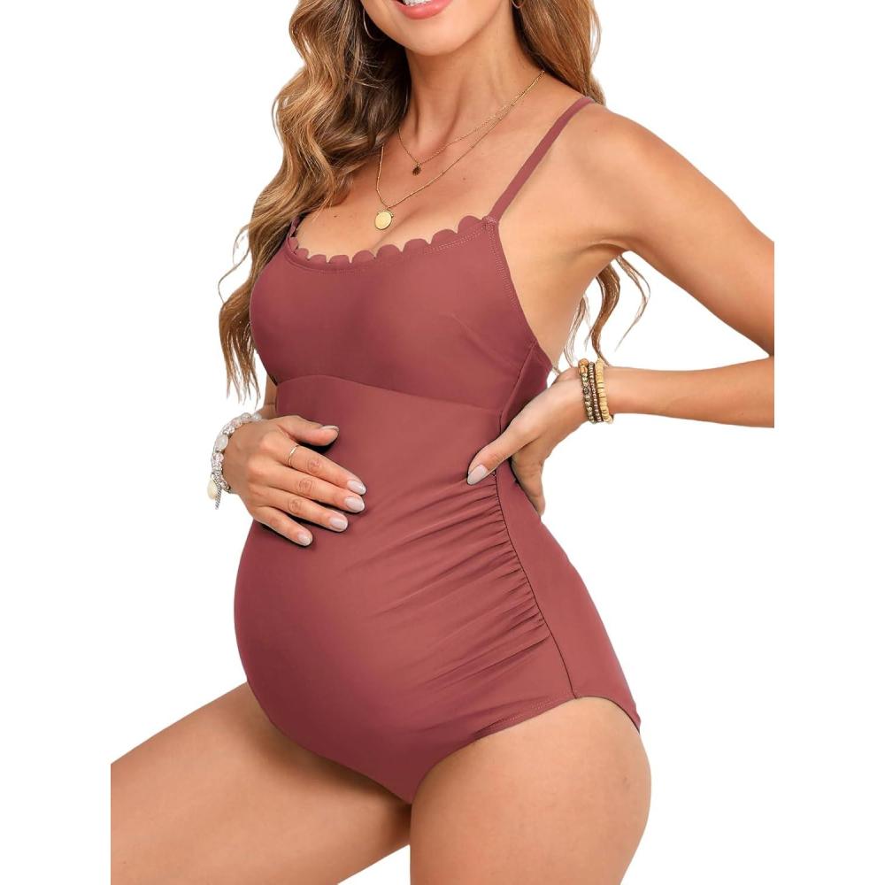 imageCUPSHE Maternity One Piece Swimsuit Scoop Neck Womens Bathing Suit Scalloped Lace up Back Criss Cross Tie PregnancyBrown