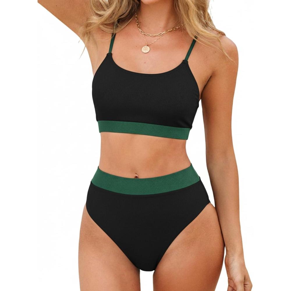 imageCUPSHE Womens Bikini Set Two Piece Swimsuits High Waisted Scoop Neck Spaghetti Adjustable Straps TexturedBlackDark Green