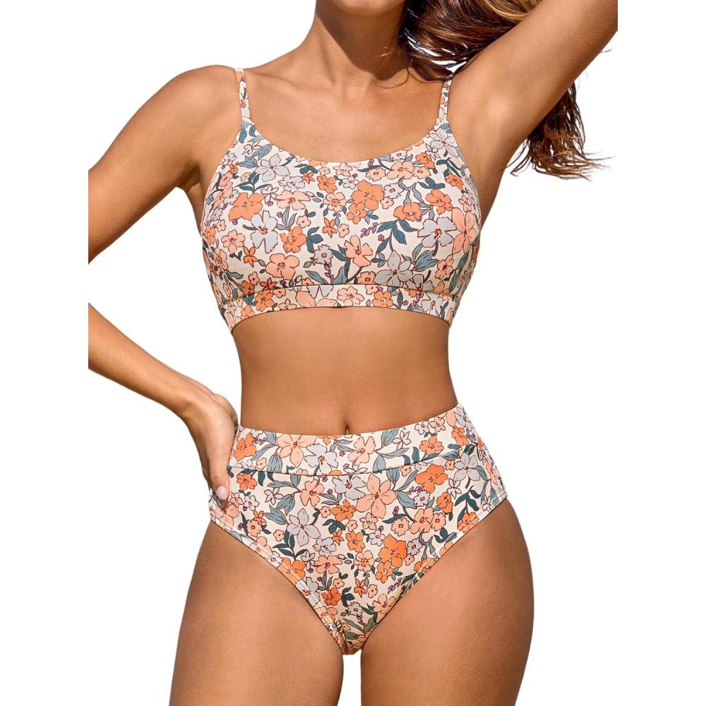 imageCUPSHE Womens Bikini Set Two Piece Swimsuits High Waisted Scoop Neck Spaghetti Adjustable Straps TexturedPale TanFloral